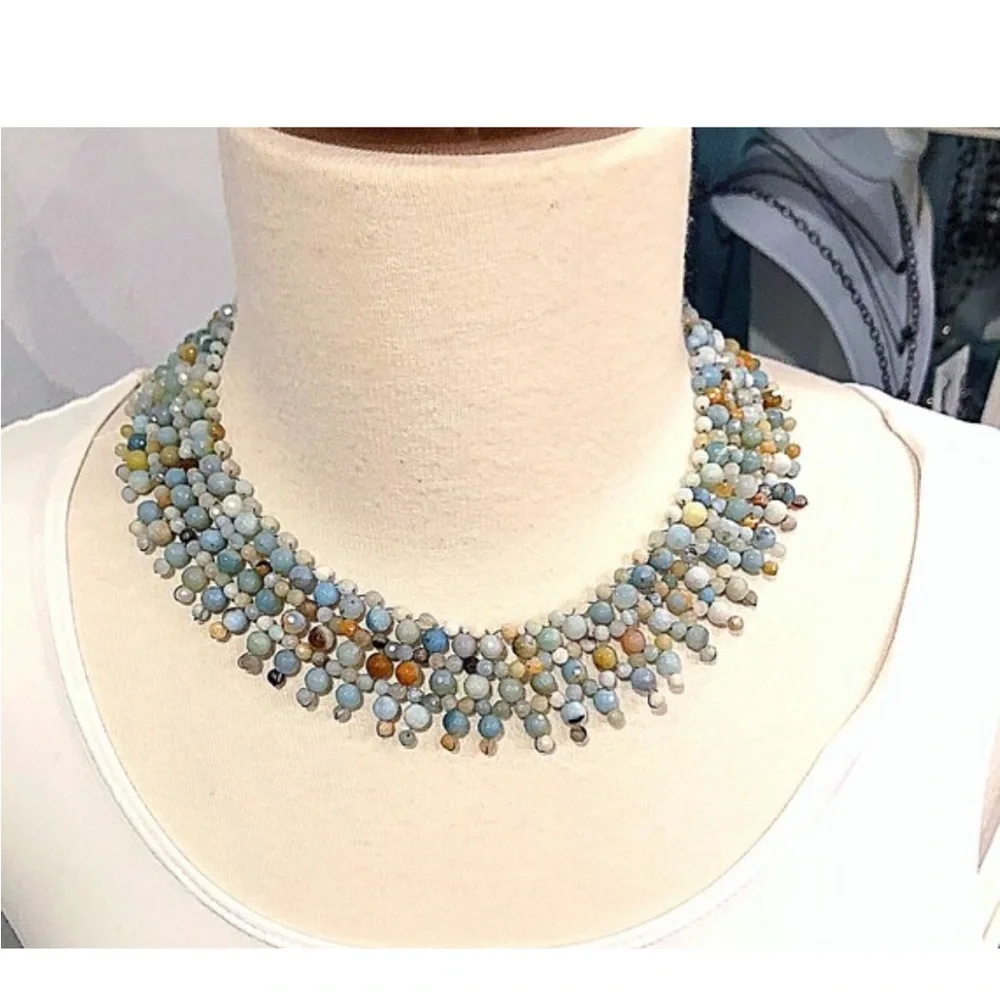 Amazonite Hand Crafted Beaded Collar, NWT, Pewter Toggle, Statement Necklace,